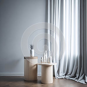 Elegant Modern Luxury Empty Podium Table Top With Soft Light And Curtains Behind, Background Design For Cosmetic and Fragrances