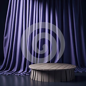 Elegant Modern Luxury Empty Podium Table Top With Soft Light And Curtains Behind, Background Design For Cosmetic and Fragrances