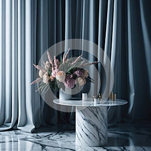 Elegant Modern Luxury Podium Table Top With Soft Light And Curtains Behind, Flowers, Background Design For Cosmetic and Fragrances