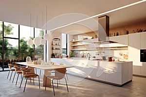 Elegant modern minimalist interior design of kitchen with island, dining table and chairs. Created with generative AI