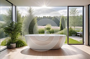 elegant modern stylish bathroom with bath tub, big windows with natural view