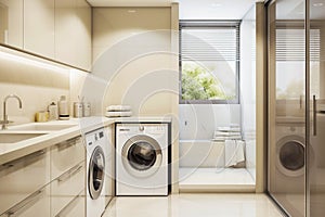 Elegant modern utility laundry room with washing machine, shower closet and wash basin. Created with Generative AI
