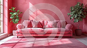 An elegant monochromatic pink living room with a plush sofa, cozy cushions, and a vibrant potted plant, bathed in natural sunlight