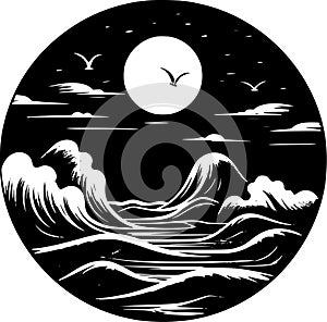 Ocean - black and white isolated icon - vector illustration