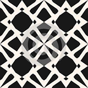 Elegant monochrome ornament with diamond shapes, flower silhouettes, grid. Abstract repeat background.