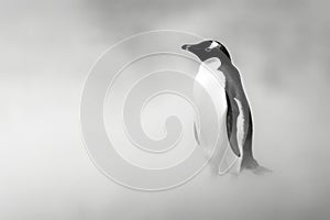 Elegant Monochrome Penguin Portrait Standing Alone in Misty Environ, Dramatic Wildlife Scene, Minimalist Animal Photography