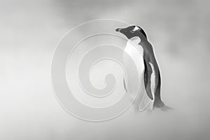 Elegant Monochrome Penguin Portrait Standing Alone in Misty Environ, Dramatic Wildlife Scene, Minimalist Animal Photography photo