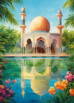 Elegant Mosque Background with Beautiful Florals Generative AI