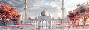 Elegant mosque interior with sunlight and blooming flowers, suitable for themes of peace and spirituality. End of Eid al