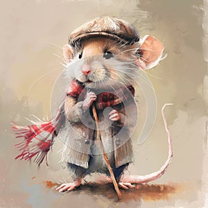 Elegant mouse wearing flat cap scarf clothes and walking stick