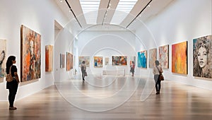 Elegant museum interior with stunning white walls and ceiling-high windows filled with variety of art pieces