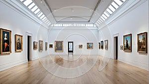 Elegant museum interior with stunning white walls and ceiling-high windows filled with variety of art pieces