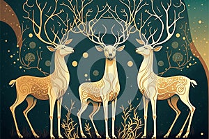 Elegant nature background with reindeers in art nouvea style