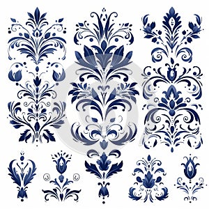 Elegant Navy Damask Floral Designs On White Background
