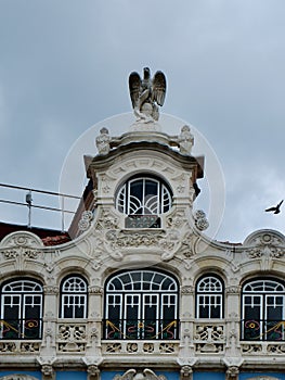 Elegant neoclassical building with details in art nouveau style in Aveiro, Portugal. Portuguese vintage architecture