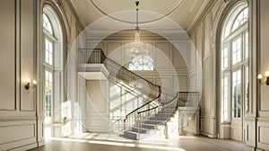 Elegant neoclassical foyer with grand staircase and natural light