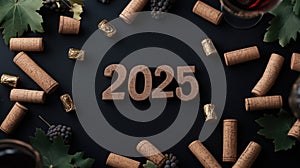 Elegant new year 2025 frame with corks and grapes for vintage celebrations AI generated photo