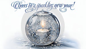 Elegant New Year Greeting Card with Lighted Candle in a Glass Winter Globe photo