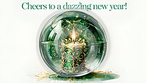 Elegant New Year Greeting Card with Lighted Candle in a Glass Winter Globe photo