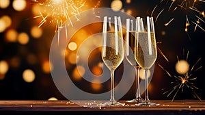 Elegant New Year\'s Eve celebration, champagne glasses raised in a toast against a backdrop of fireworks. Generative AI