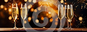Elegant New Year\'s Eve celebration, champagne glasses raised in a toast against a backdrop of fireworks. Generative AI