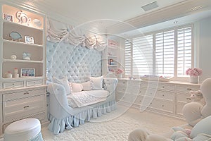 Elegant Nursery Decor with Blue Tufted Crib, White Furniture, Soft White Rug for Baby Room Design