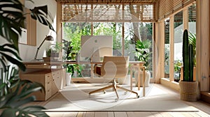 Elegant office arrangement infused with eco-friendly touches like bamboo desktops and recycled paper, epitomizing photo