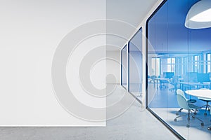 Elegant office room interior with round table and chairs, mock up wall