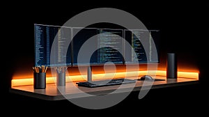 Elegant office setup with three monitors and keyboard isolated on black background