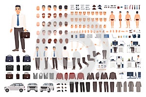 Elegant office worker or clerk creation set or DIY kit. Collection of body parts, stylish business clothes, faces photo