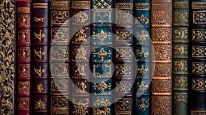 Elegant old books with decorative spines on a shelf. Concept of vintage literature, decorative bookbinding, and classic