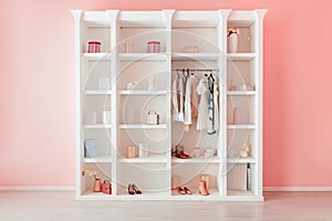 Elegant open wardrobe with neatly organized shelves