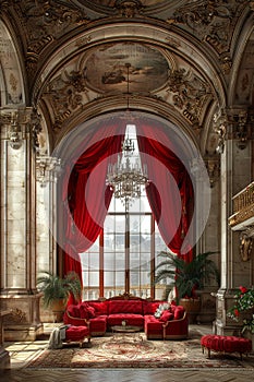 Elegant opera house lounge with red velvet drapes and antique furniture.3D render