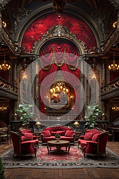 Elegant opera house lounge with red velvet drapes and antique furniture.3D render