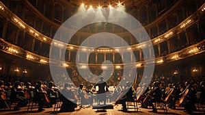 Elegant orchestra on stage under warm lighting, symphonic performance in luxurious opera house, artistic expression