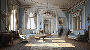 Elegant Ornate Interior With Blue Furniture In The Style Of Vray Tracing