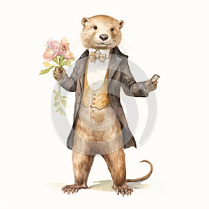 Elegant Otter In Historical Romanticism Suit Holding Flowers