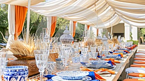 Elegant Outdoor Banquet Setup with Blue-and-White Tableware Under Tented Pavilion