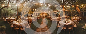 Elegant outdoor dining setup with string lights, twilight imbues cozy atmosphere. Path leads to celebration under trees