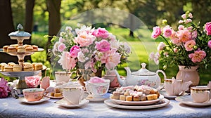 Elegant outdoor tea party setup with floral arrangements, porcelain teacups, teapot, and desserts on a table, surrounded by