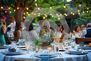 Elegant outdoor wedding reception with string lights