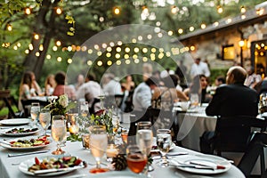 Elegant outdoor wedding reception with string lights