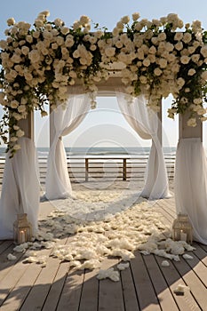 Elegant outdoor wedding setup with white flowers and drapes