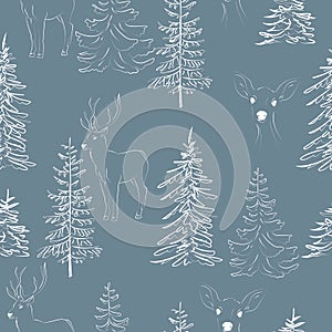 Elegant outline drawing of pine tree seamless pattern. Vector illustration.