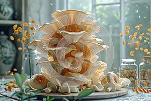 Elegant Oyster Mushrooms Arrangement in Natural Light by Kitchen Window, Artistic Food Photography, Fresh Organic Produce Concept