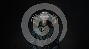 An elegant pachyderm in formal attire stands out against sleek black background