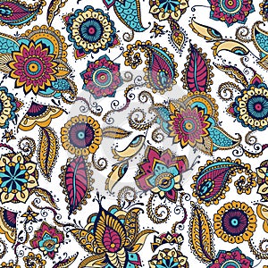 Elegant paisley seamless pattern with colorful Indian buta motif and floral mehndi elements on white background. Motley