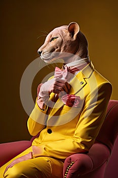 Elegant panter wearing colorful clothes on a pink background. Generative AI