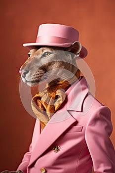 Elegant panter wearing colorful clothes on a pink background. Generative AI