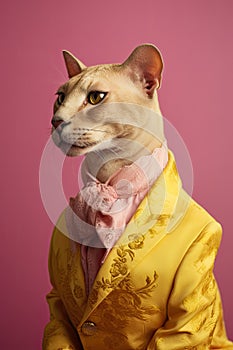 Elegant panter wearing colorful clothes on a pink background. Generative AI